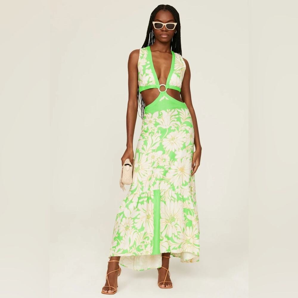 Sandro Ludmila Cutout Dress Retro Green Floral FR42/US 10 - Picture 3 of 7